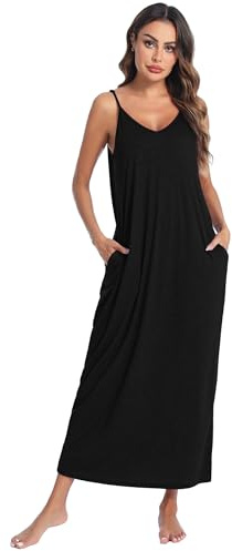Nieery Cotton Long Nightshirt Nightdress for Women V Neck Longs Sleep Dress Ladies Loose Fit Nightie Casual with Pockets(Black, Large)