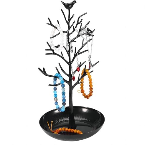 VIFERR Portagioielli Ramoscello, Portagioie a Torre per Alberi Porta Collane Da Appendere con Vassoio in Metallo per Collane Orecchini Bracciali (Nero)