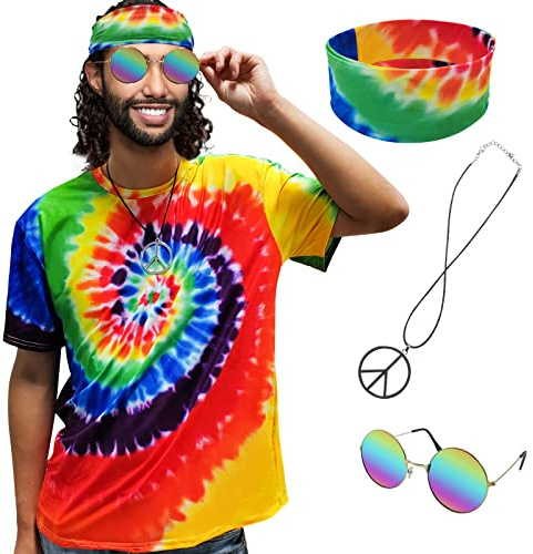 XonyiCos Hippie-Kostüm für Herren und Damen, 60er und 70er Jahre, buntes T-Shirt, Sonnenbrille, Stirnband, Friedenskette, 4-teiliges Set für Motto-Party