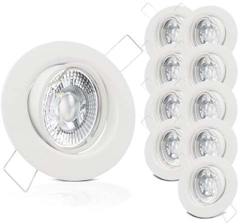 trendlights24 Decora LED Einbaustrahler 230V Weiß 10er Set 7W dimmbar GU10 | Decken Einbauleuchte, rund, Warmweiß, Abstrahlwinkel 50°, stufenlos dimmbar, Lochmaß 68 mm, Einbauspots, schwenkbar