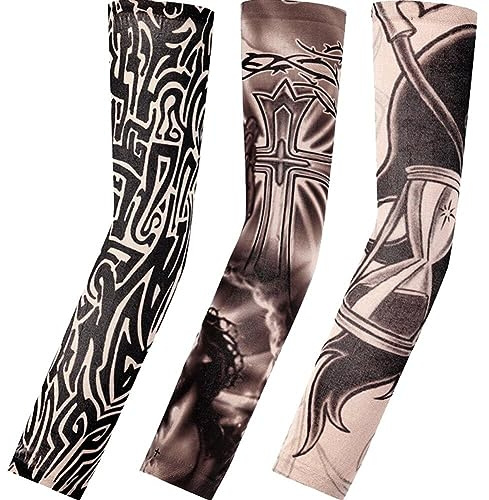 Sanfly Braccio Artistico Maniche Tatuate Finte Coprono 3 Pairs/Set Unisex Calze a Braccio Temporaneo Tatuaggi di Moda Body Art Maniche per Protezione Solare