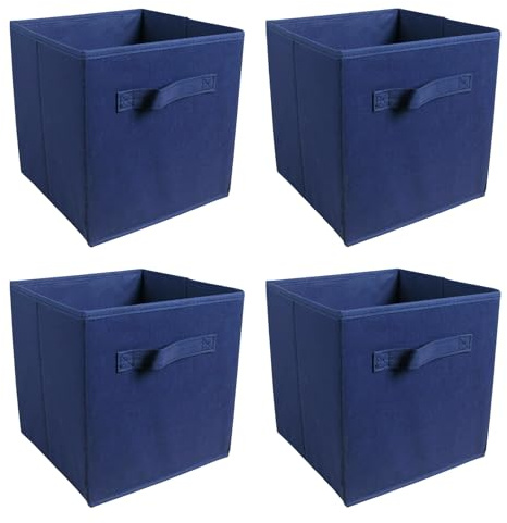 JaHECOME Set of 4 Fabric Storage Boxes Dark Blue Foldable Cube Storage Bins Organizer Basket with Handles for Drawers Shelves in Bedroom, Nursery Office, Playroom (DARK BLUE)