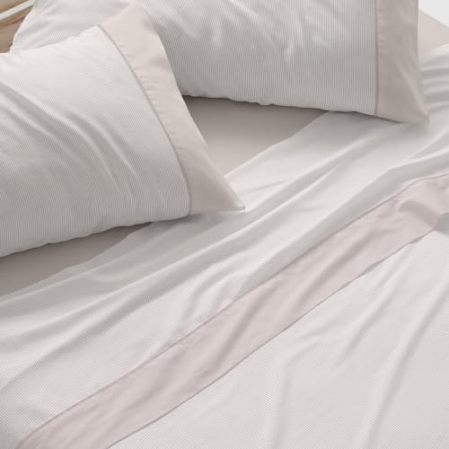 Burrito Blanco | Juego de Sábanas 50% Algodón 50% Poliéster Cama 105 Beige | 3 Piezas: Bajera, Encimera y Funda Almohada | 144 Hilos | Tacto Suave | Larga Duración | Fácil Planchado | Apto Secadora