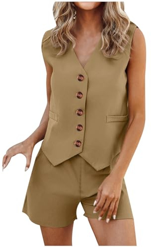 Tenue 2 pièces pour femme – Tenue d'été sans manches avec boutons – Short à jambes larges avec poches – Blazer – Ensemble blazer et short court, 02#kaki, M