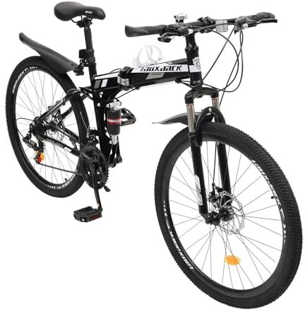 HuKaiL 26 Zoll Mountainbike, 21 Gang Erwachsene Höhenverstellbar Klappfahrrad mit Mechanischen Scheibenbremsen undFedergabel für Verschiedene Straßen, Schwarz + Weiß