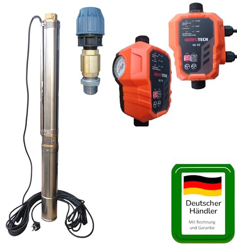 PAG Turbo GmbH® - Hochwertige Tiefbrunnenpumpe sandverträglich bis 5% 3000 bis 6000L/h - Druck 6-7,7bar mit Pumpensteuerung und Klemmfitting für PE-Rohr (3STM20 + HS-30 + Klemmfitting)