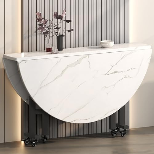 Bianco Table Ronde Extensible à Manger et Cuisine, Pliante avec 6 Roues, Idéale pour le Restaurant, 100x75cm