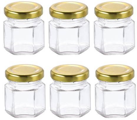 sourcing map 6pcs Hexagon Glass Honey Jars 1.5oz Small Mini Honey Jar Container with Gold Lids for Wedding Party Favors Bridal Shower