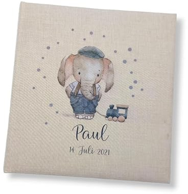 Tenii® Fotoalbum personalisiert Baby, Kind Elefant Zug Leinen, Erinnerungsalbum (25x25cm - 60 Seiten) (30x31cm - 100 Seiten)
