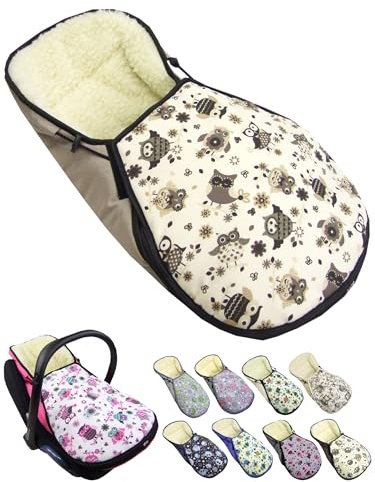 Fotsäck för babystol [vinteråkpåse] för barnbilstol kompatibel med Maxi Cosi babyskålar grupp 0 lammull sittdyna justerbar (uggla 13)