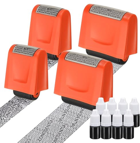 PATIKIL Identity Theft Protection Roller Stamp, 4Pcs 0.7/1.7 Confidential Roller Stamp Privacy ID Police Stamp Roller for Security ID Address with 8Pcs Refills, Orange