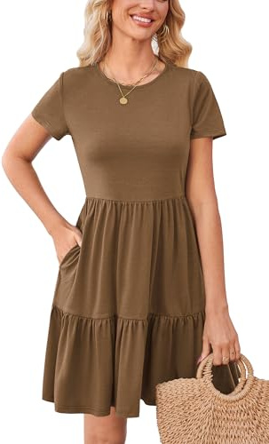 Newshows Sommerkleid Damen Knielang Sommer Kurzarm Kleid Quadratischer Ausschnitt Elegant Strandkleid Mit Taschen