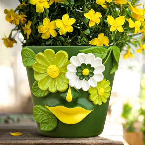 AmiCera Blumentopf mit Abstraktem Gesicht, Bunter Pflanztopf mit Drainage, Süßer Blumentöpfe für Zimmerpflanzen, Eklektischer Sukkulenten Übertopf Als Heimdekoration (Grün, 14 cm)