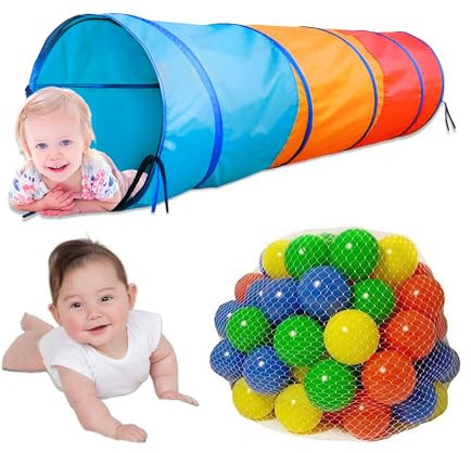 ADEPTNA Premium Interactive Colourful 180cm Play Tunnel for Kids Toddlers Children- Entertaining Fun to Play Outdoor Indoor Activity - Folds Flat for Storage (Play Tunnel with 100 Balls)