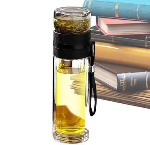 Botella de té con colador para llevar - Botella de 500 ml hecha de vidrio de borosilicato - Sin BPA ni plomo - Botella de vidrio térmica con colador de té de acero inoxidable, tapa y cubierta de bambú