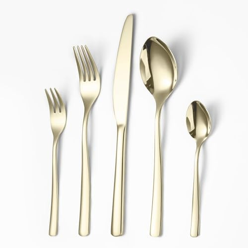 Opolia Set di posate per 6 persone, set di posate da cucina, 30 pezzi, in acciaio inox, forchetta, coltello, lavabile in lavastoviglie, lucidato, champagne