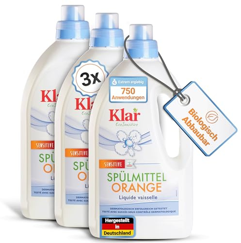Klar EcoSensitive Spülmittel ORANGE, 1,5l - Spüli mit hoher Fettlösekraft | Geschirrspülmittel flüssig mit frischem Orangen-Duft - Biologisch abbaubares Handspülmittel - Vegan Dish Soap