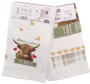 Highland Cow Geschirrtücher Home is Where the Heard Is 100% Baumwolle 3er Set Country Design mit Karomuster
