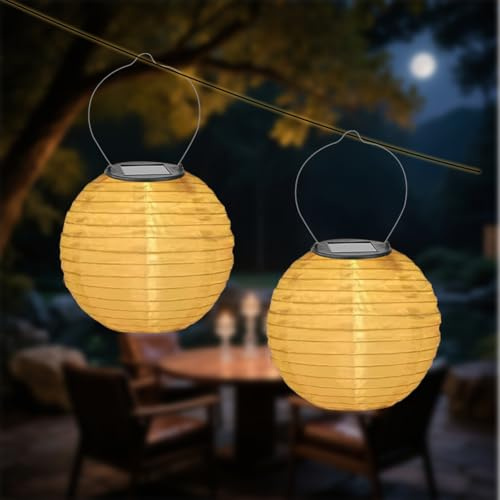 Lot de 2 lanternes solaires de jardin – 20 cm LED suspendues d'extérieur Lampes solaires décoratives pour jardin, terrasse, mariage, fête, lampions en nylon étanche blanc chaud (blanc)
