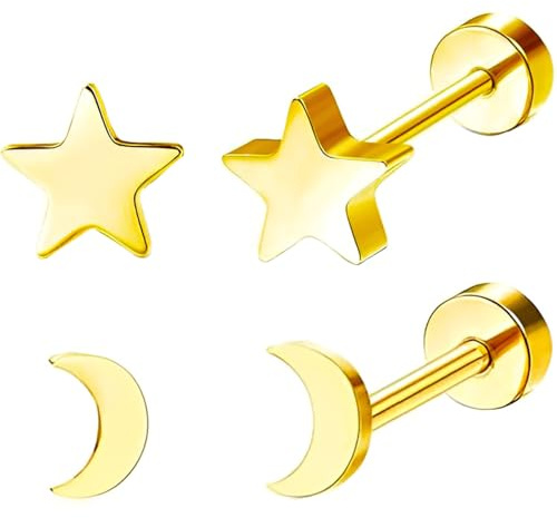 Pendientes de acero inoxidable con forma de estrella y luna, juego de 2 pares de pendientes dorados Helix Health Plug Hipoalergénico Pentagrama Plano Mujer Pendientes Joyería Flatback Stud Earrings