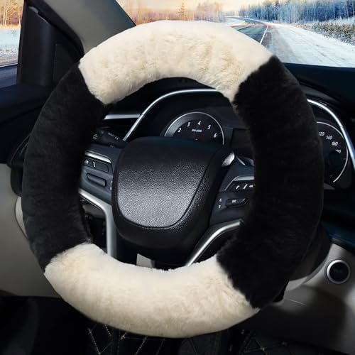 Pahajim Lenkradbezug Fell Lenkradhülle Winter Universal 36-39cm Lenkrad Fellbezug Lenkradschoner Lenkrad Uberzug Plüsch Atmungsaktiv Lenkradschutz (Schwarz Weiß)