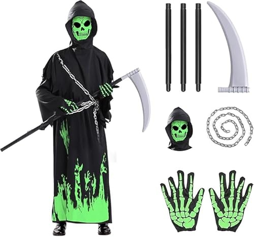 LSYCSYLY Costume Mietitore Bambino Effetto Luminoso Notturno – Set Completo Tuta + Falce + Catena, Diventa un Mietitore Spaventosamente Realistico e Luminoso per Halloween e Feste a Tema Morte (XL)