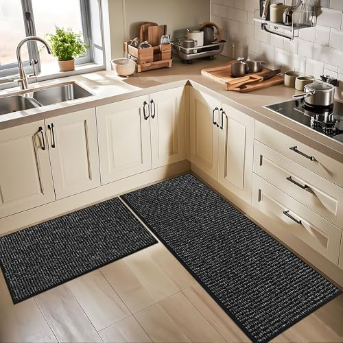 BEQHAUSE küchenteppich, Waschbar,TPR rutschfest,60x89cm+60x152cm,Dunkelgrau | Küchenläufer für Küche, Kühlschrank, Restaurant und Andere Orte, Schmutzfangend, Polypropylen, ,Haustierfreundlich