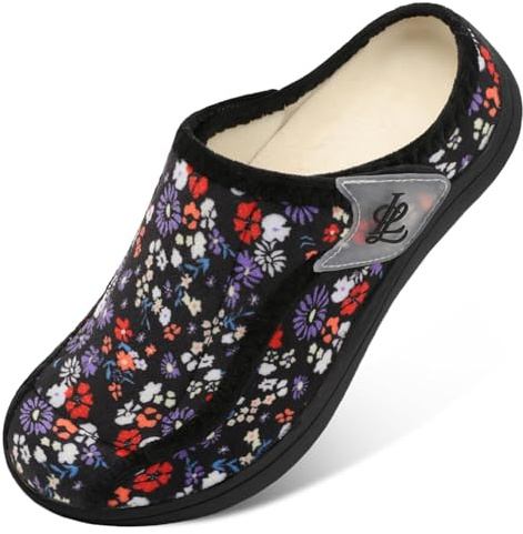JIASUQI Womens Slippers Wide Diabetic House Shoes Adjustable Edema Swollen Slip on Slipper Warm Non Slip Bedroom Slipper(BlackFlower 38,Size 5)
