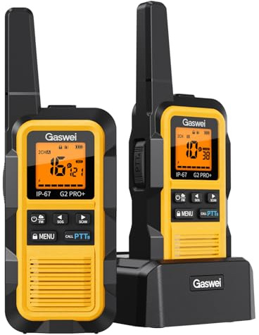IP67 Waterproof & Floats with Dual PTT | G2Pro Professional Long Range Walkie Talkies for Adults 2 Pack | SOS Alarm, FM Radio, Rechargeable for Outdoor, Camping & Work (Yellow)