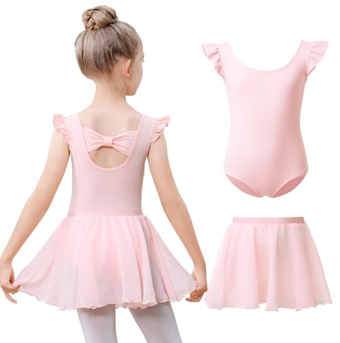 Kefiyis Ballettkleidung Mädchen Rüschenärmel Balette Kleidung Mädchen Baumwolle Ballett Trikot mit Abnehmbarem Rock Ballerina Ballettkleid Tanzkleid für 3-11 Jahre