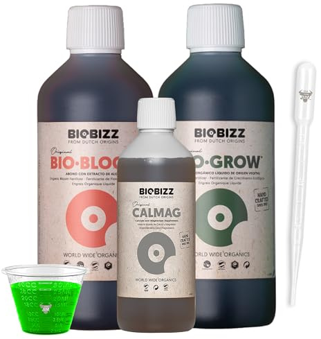 Biobizz Bloom 1L, Grow 1L und Calmag 250ml – Organisches Dünge-Set mit Pipette und Messbecher für Wachstum und Blüte