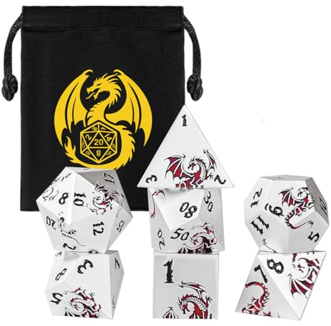 Set di Dadi in Metallo DND, Motivo Drago Rosso, 7 pezzi di Dadi Poliedrici in Metallo, D4, D6, D8, 2D10 (00-90 e 0-9), D12, D20, Regali D&D con Sacchetto Regalo, Accessori per Giochi da Tavolo, Bianco | D&D - Set di dadi poliedrici in metallo, 7 pezzi, D20, D12, 2 D10, D8, D6 e D4, accessori per giochi da tavolo