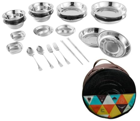 mophrati Edelstahl Essgeschirr Set (Teller und Schüsseln) im Vorteilspaket inklusive Besteck und Aufbewahrungstasche. 1 Set Campinggeschirr für den Außenbereich. Inklusive Teller, 20 Stück