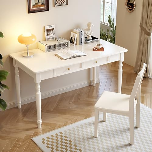 FUKEFUZ Massivholz Schreibtisch im Landhausstil – Romantischer Computertisch mit gedrechselten Beinen (Rubberwood) – Schminktisch & Sekretär mit Schubladen für Mädchen & Damen(Weiß,W/CHR,47.2in)