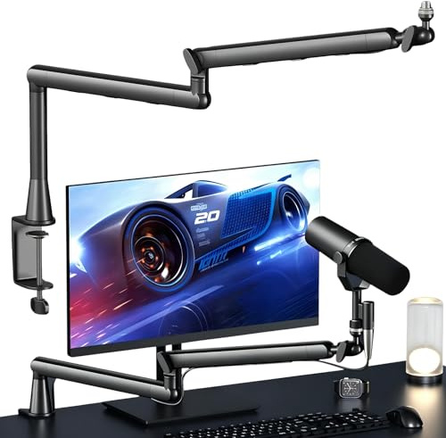 Microphone Boom Arm - Mic Stand with Heightened Riser, Desk Mount C-Clamp, 360° Rotation & Hidden Cable Management, Metal Mic Arm for Podcast Streaming Gaming