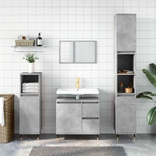 SooIarix Badskåp betonggrå 65 x 33 x 60 cm av trämaterial, med dörrfack och två lådor, flexibel montering för badrumsmöbler