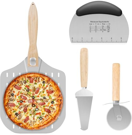 4tlg PizzaSchieber Set, 30CM Aluminium Perforierte Pizzaschaufel Faltgriff | iklestar Pizzaofen Zubehör, inkl. Holzgriff-PizzaSchieber, Pizzaschneider, Teigschaber Edelstahl, Tortenheber mit Schieber