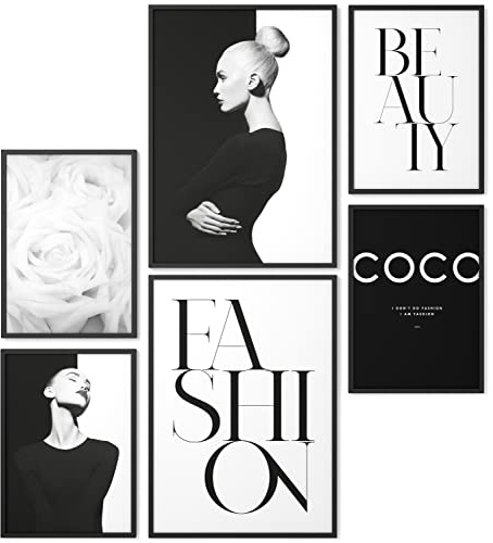 Papierschmiede® Set Mood Posters, Tableau Décoration Murale sans cadres « Coco Black Beauty » Bureau, Salon, Deco Chambre Parentale, Cuisine, 2x A4 et 4x A5, noir blanc rose mode