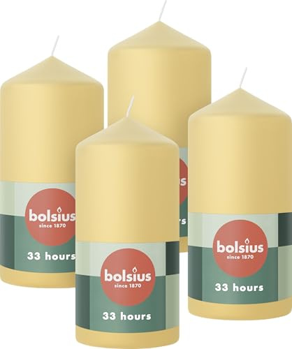 Bolsius släta blockljus – beige – 4 stycken – 12 x 6 cm – dekorativa hushållsljus – längd brinntid 33 timmar – oparfymerat – 5% naturligt växtvax – utan palmolja