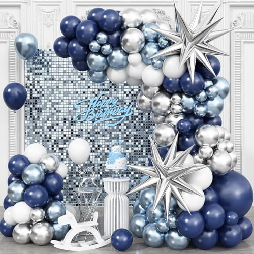 Blue Silver Balloon Arch Kit, Navy Blue Silver White Balloon Garland with Metallic Light blue silver Balloons Star Foil Balloons for Boys Men Birthday Wedding Graduation Baby Shower Party Decoration