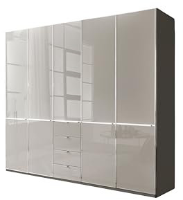 WIEMANN Drehtürenschrank mit 4 Schubkästen hochwertiger Kleiderschrank Schlafzimmerschrank 250cm breit, mit Schubladen, Glas Kieselgrau, Korpus Havanna, Höhe 216cm, Shanghai