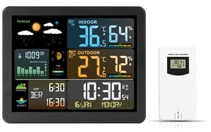 MRKU Digital Weather Station,Weather Station for Indoor Outdoor Digital Clock Thermometer Temperature Humidity Monitor with Weather Forecast with 1 Sensor,multiple data display