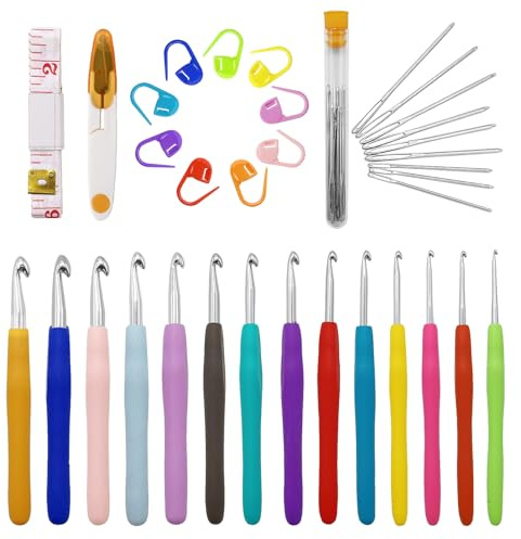 Set di 14 uncini naturali, 44 pezzi per principianti con accessori, ganci ergonomici in gomma morbida (2,0-10,0 mm) e forbici gialle