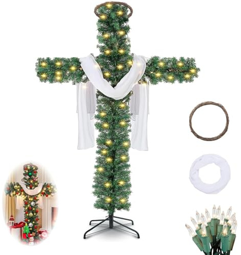 Faltbarer Weihnachtsbaum, faltbares Kreuz, Weihnachtsbaum, beleuchtetes künstliches Kiefern-Weihnachtskreuz, für den Außenbereich, funkelnde Weihnachtsbäume, mit LED-Licht und Seidenschal,