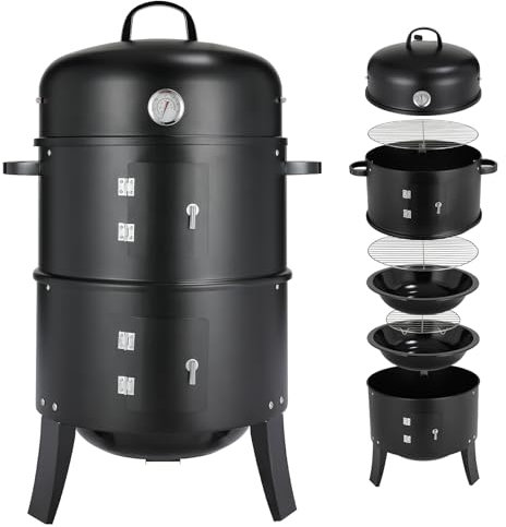TLGREEN Barbecue Smoker 3 in 1, Affumicatore con Manico, Barbecue Carbonella con Termometro e Scarico Aria Regolabile, Affumicatore da Cucina, BBQ Smoker, con 2 Griglie in Acciaio Inox (φ37 cm)