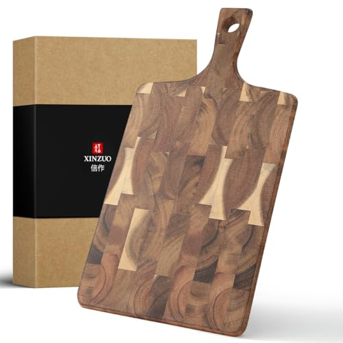 XINZUO Tabla de Cortar de Cocina Madera de Acacia -41x22x1,9cm Tabla de Servir con Mango -Adecuado para Servir Queso, Aperitivos y Preparar la Comida -con Caja de Regalo