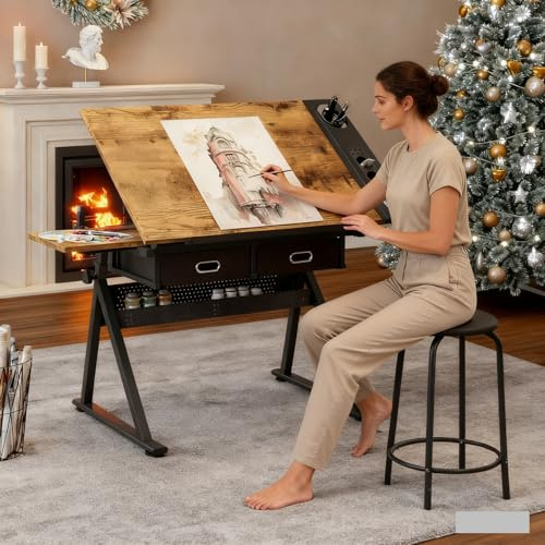 Roockky Drafting Table with Stool, Height Adjustable Drawing Table Art Table Painting Table Art Craft Desk with 0-75° Tilting Tabletop and Storage Drawers, Rustic