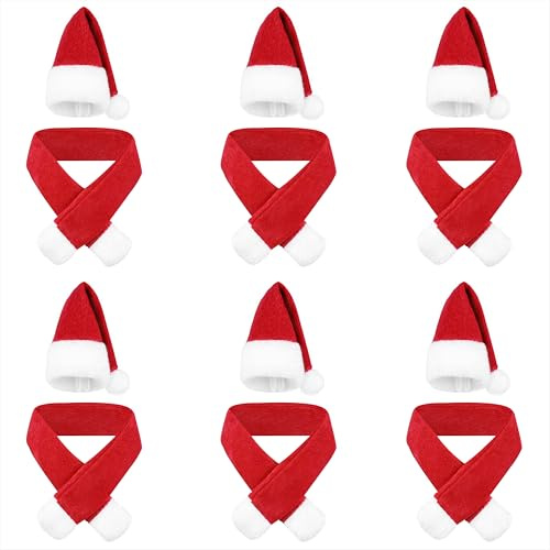 Qzakce Mini Sombrero de Navidad y Mini Bufanda de Navidad Decoración de Mesa de Navidad Sombrero y Bufanda de Botella de Vino Decoración de Muñecas 12 Piezas
