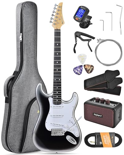 Leo Jaymz Beginner Electric Guitar 39” Kit with Portable Amplifier, Padded Gig Bag, Digital Tuner,Capo,Strap,Picks,Classic SSS Pickups (White-Black Fade-SSS)