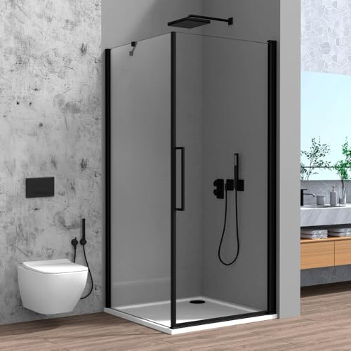 Box Doccia Angolare 70x90 Cm (H 195) Linea Neos - Porta Battente Con Lato Fisso - Cristallo Trasparente 6 Mm - Profili In Alluminio Nero